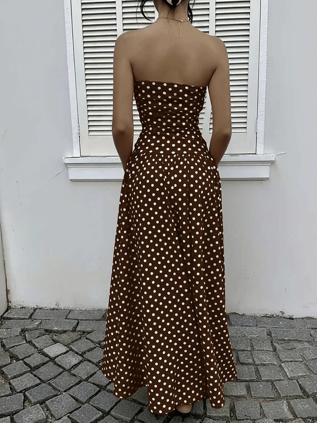 Women's Polka Dot Print Waist-Cinching Vest Dress Vacation Style Long Brown Maxi Skirt Elegant Casual Summer Fashion