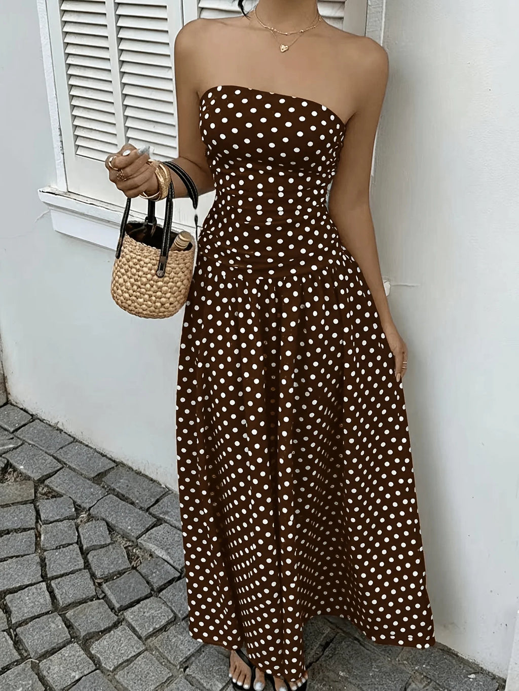 Women's Polka Dot Print Waist-Cinching Vest Dress Vacation Style Long Brown Maxi Skirt Elegant Casual Summer Fashion