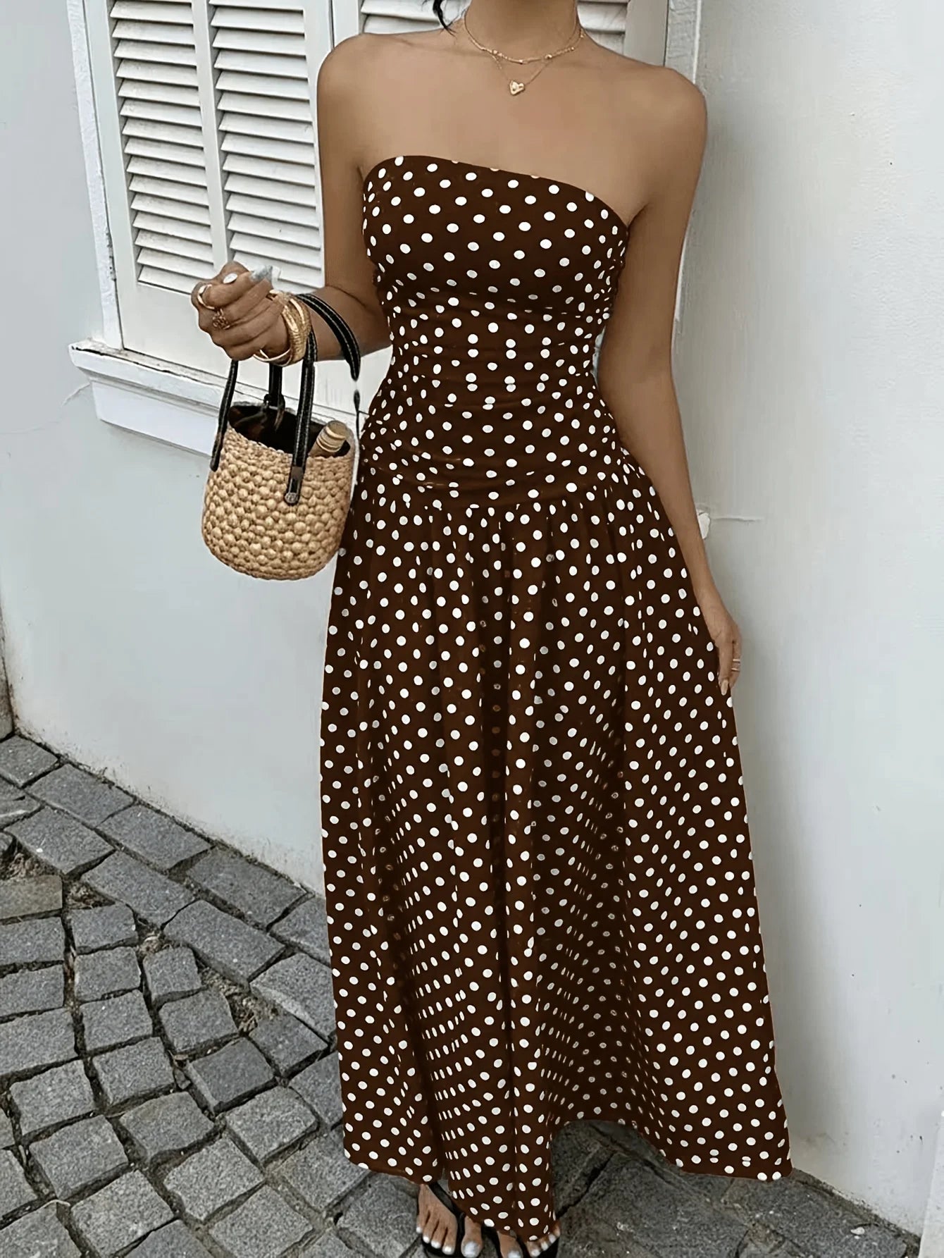 Women's Polka Dot Print Waist-Cinching Vest Dress Vacation Style Long Brown Maxi Skirt Elegant Casual Summer Fashion
